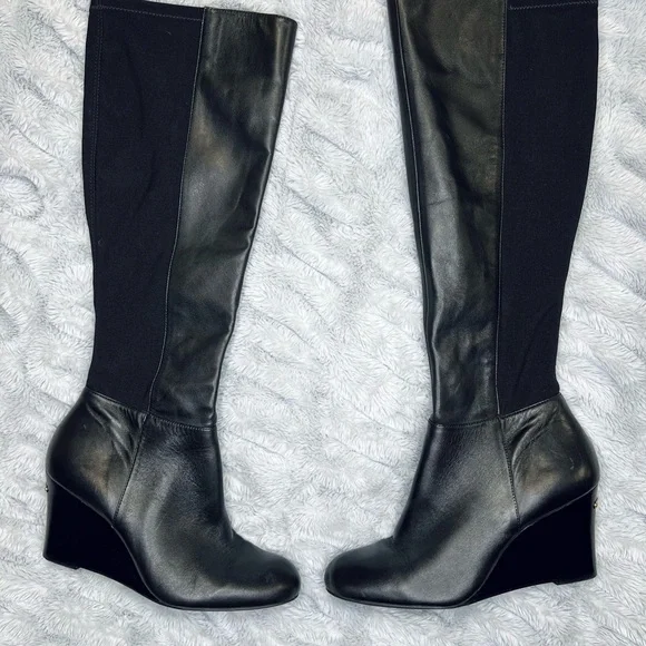 Michael Kors Genuine Leather & Stretch Black Knee Tall Wedge Zip Boots Sz 7.5 - Picture 5 of 12